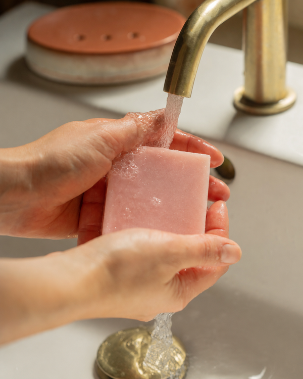 A close-up of hands washing a rectangular pink bar of soap under running water from a brass faucet in a sink. Handcrafted cold-process soap with warm cedarwood, rich sandalwood and refreshing eucalyptus for an invigorating aromatic bathing ritual.