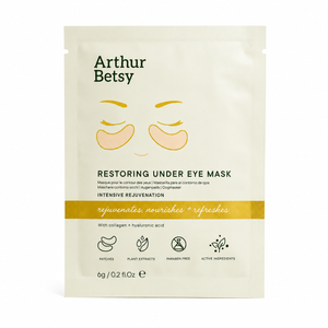 Arthur Betsy Restoring Under Eye Mask in a cream-colored resealable pouch with gold and dark green text and illustrations. Arthur Betsy gold collagen under-eye patches with hyaluronic acid, designed to hydrate, cool and refresh tired-looking eyes in 15–20 minutes.