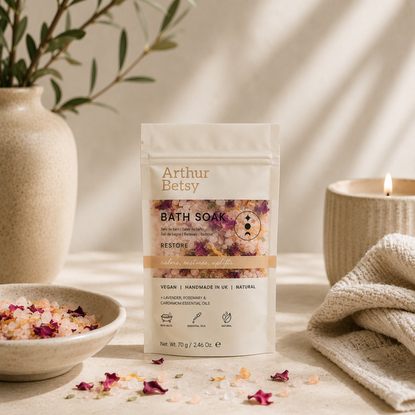 Restorative aromatherapy bath soak with lavender, rosemary and cardamom essential oils, created for a calming and grounding self-care ritual.