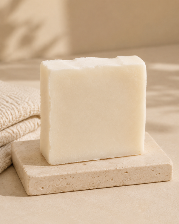 A rectangular bar of creamy off-white soap standing upright on a light stone dish, with a folded beige towel in the background and soft shadow lighting. Artisan body soap made with plant-based oils, naturally retained glycerin and pure essential oils to leave skin feeling soft and refreshed.