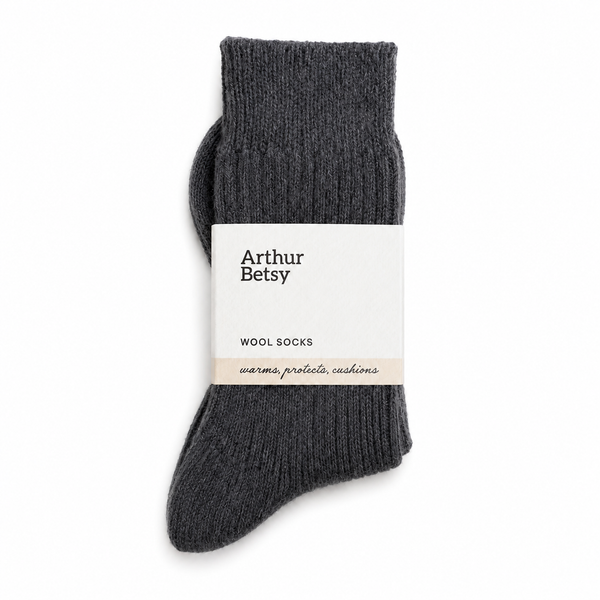 A pair of dark charcoal gray ribbed wool socks with a white paper band label that reads 'Arthur Betsy WOOL SOCKS', shown on a clean white background. Arthur Betsy luxury alpaca wool socks in Twilight blue, made with an 80% alpaca wool blend for warmth, softness and everyday comfort.