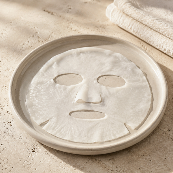A white sheet mask with cutouts for the eyes, nose, and mouth, resting on a round beige ceramic plate on a textured beige stone surface with a folded towel in the background. Hydrating face sheet mask for all skin types, formulated to nourish the skin and reduce the appearance of fine lines for a smoother, radiant complexion.