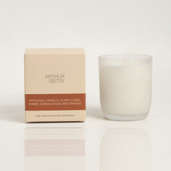 Patchouli, vanilla, ylang ylang, amber, sandalwood and orange candle
