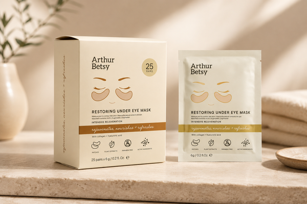 Arthur Betsy Restoring Under Eye Mask packaging shown on a warm beige stone surface, with the retail box and an individual packet beside it. The packaging is cream and white with gold accents and simple eye-mask graphics. Arthur Betsy de-puffing eye patches for brighter-looking eyes, delivering cooling hydration to the delicate under-eye area for a firmer, smoother appearance.