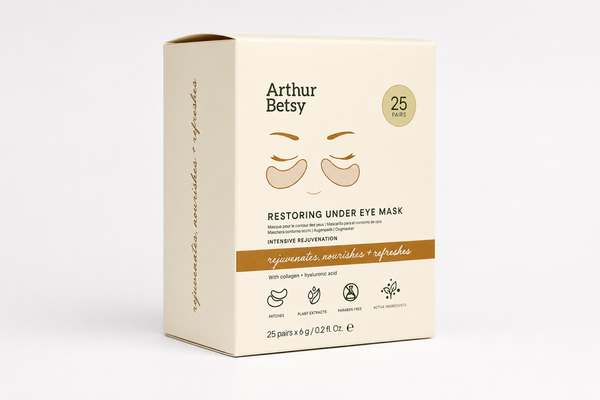 Arthur Betsy Restoring Under Eye Mask box packaging, featuring a cream-colored box with brown and black text and simple eye graphics, set against a light gray background. Luxury gold under-eye masks with green tea, liquorice root and botanical extracts—ideal for tired mornings, special occasions and self-care rituals.